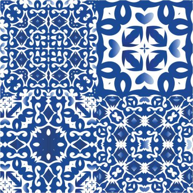 Portekiz azulejo 'sunda etnik seramik fayanslar. Yaratıcı tasarım. Vektör aralıksız desenler. Yüzey dokusu, havlu, yastık, duvar kağıdı, baskı, web arkaplanı için mavi klasik süsler.