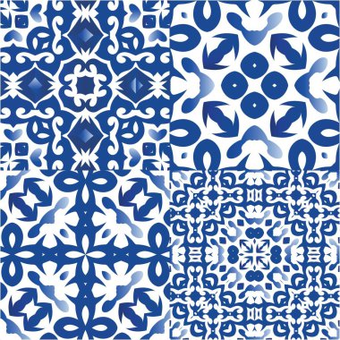 Süslü Azulejo Portekiz fayansları. Modern tasarım. Vektörsüz desenlerin toplanması. Çarşaflar, akıllı telefon kılıfları, hatıra defterleri, çantalar ya da tişörtler için mavi muhteşem halk resimleri..