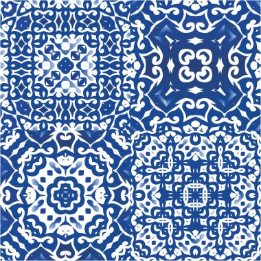 Geleneksel Portekizli azulejolar. Geometrik tasarım. Vektörsüz desenlerin toplanması. Ağ arkaplanı, baskı, yastıklar, yüzey dokusu, duvar kağıdı, havlular için mavi soyut arkaplan.
