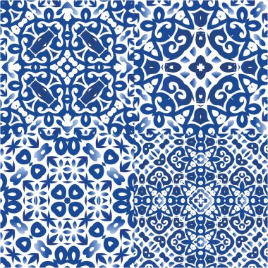 Süslü Azulejo Portekiz fayansları. Grafik tasarımı. Vektörsüz desenlerin toplanması. Çarşaflar, akıllı telefon kılıfları, hatıra defterleri, çantalar ya da tişörtler için mavi muhteşem halk resimleri..