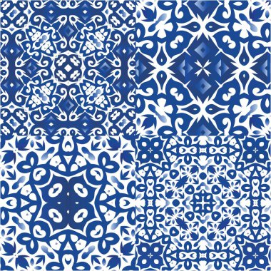 Antika Portekiz azulejo seramiği. Vektörsüz desenlerin toplanması. Orijinal tasarım Koleksiyon defteri, akıllı telefon kılıfları, tişörtler, çantalar ve çarşaflar için mavi ve soyut bir dekor.