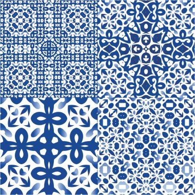 Süslü Azulejo Portekiz fayansları. Renkli tasarım. Vektör aralıksız desenler. Çarşaflar, akıllı telefon kılıfları, hatıra defterleri, çantalar ya da tişörtler için mavi muhteşem halk resimleri..