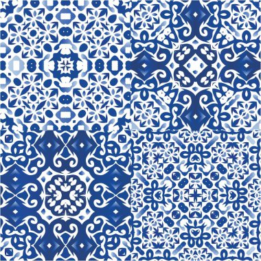 Portekiz yapımı Azulejo fayansları. Renkli tasarım. Vektör aralıksız desenler. Yastıklar, baskılar, duvar kağıtları, ağ arkaplanı, havlular, yüzey dokusu için mavi antika arkaplan.