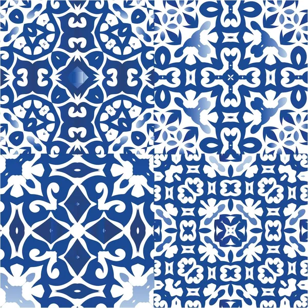 Античная Португальская Керамика Графический Дизайн Коллекция Векторных Бесшовных Шаблонов Синий — стоковый вектор