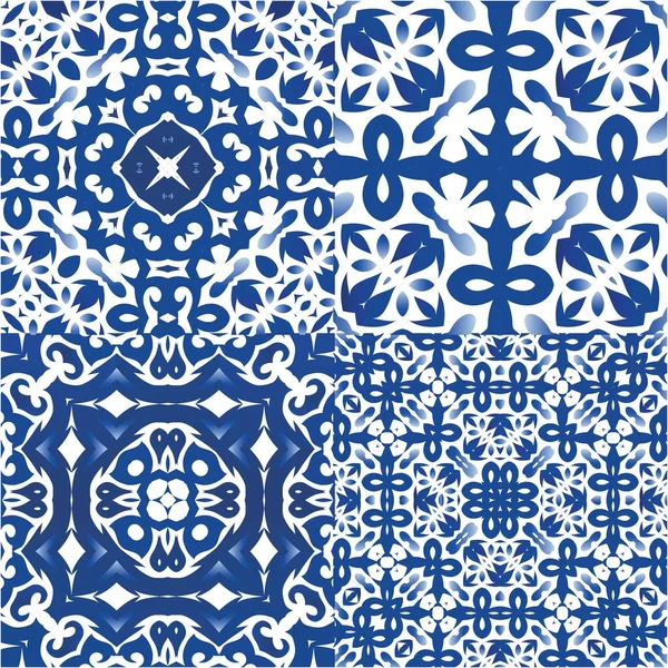 Antique Azulejo Tiles Patchworks Minimal Design Kit Vector Seamless Patterns — Stock Vector
