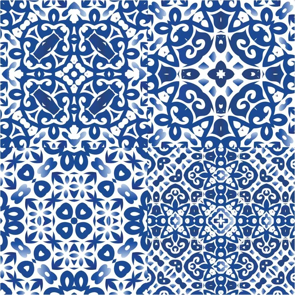 Ornamentale Azulejo Portugal Fliesen Dekor Grafikdesign Sammlung Vektornahtloser Muster Blaue — Stockvektor