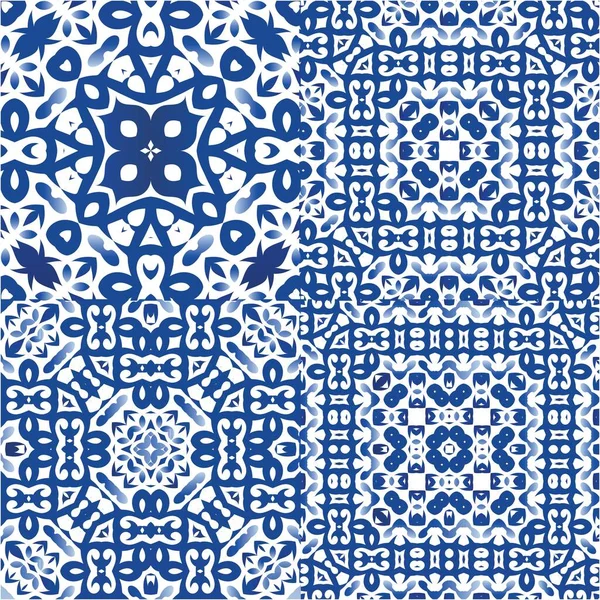 Traditional Ornate Portuguese Azulejos Colored Design Kit Vector Seamless Patterns — Stock Vector