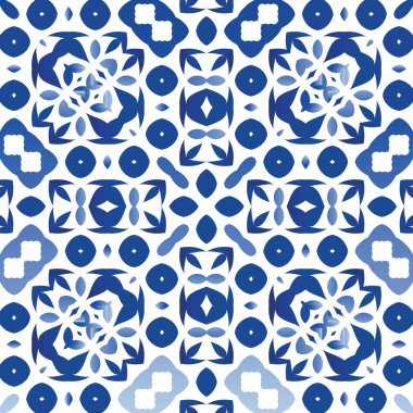 Portekizce süslemeli azulejo seramik. Vektör desensiz kolaj. El yapımı tasarım. Duvar kağıdı, web arkaplanı, havlular, baskı, yüzey dokusu, yastıklar için mavi vintage arkaplan.