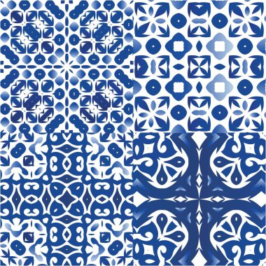 Seramik fayanslar azulejo portugal. Vektörsüz desenlerin toplanması. El yapımı tasarım. Tişört, hatıra defteri, çarşaf, akıllı telefon çantaları veya çantalar için mavi etnik altyapı.