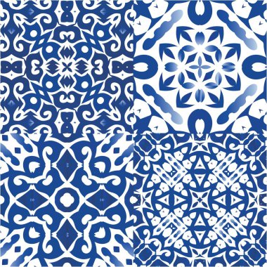Seramik fayanslar azulejo portugal. El yapımı tasarım. Vektör aralıksız desenler. Tişört, hatıra defteri, çarşaf, akıllı telefon çantaları veya çantalar için mavi etnik altyapı.