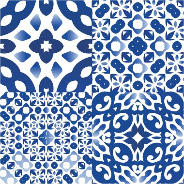 Antika azulejo döşeme yaması. Grafik tasarımı. Vektör aralıksız desenler. Çantalar, akıllı telefon kılıfları, tişörtler, çarşaflar veya koleksiyon defterleri için mavi İspanya ve Portekiz dekoru.