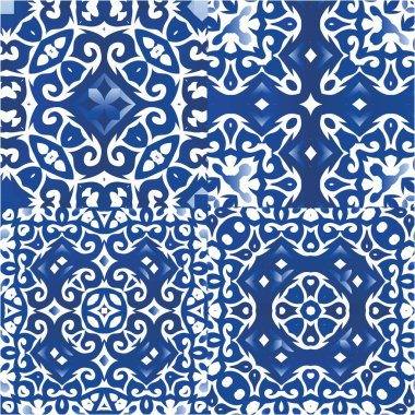 Portekizce süslemeli azulejo seramik. Vektör aralıksız desenler. Yaratıcı tasarım. Duvar kağıdı, web arkaplanı, havlular, baskı, yüzey dokusu, yastıklar için mavi vintage arkaplan.