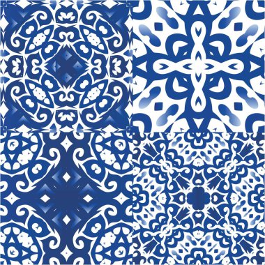 Antika azulejo döşeme yaması. Vektörsüz desenlerin toplanması. Orijinal tasarım Çantalar, akıllı telefon kılıfları, tişörtler, çarşaflar veya koleksiyon defterleri için mavi İspanya ve Portekiz dekoru.