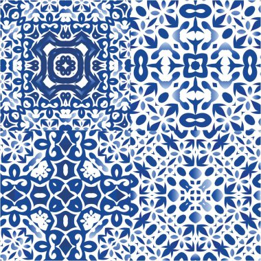 Portekizce süslemeli azulejo seramik. Mutfak tasarımı. Bir dizi vektörsüz şablon. Duvar kağıdı, web arkaplanı, havlular, baskı, yüzey dokusu, yastıklar için mavi vintage arkaplan.