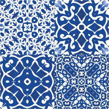 Portekiz yapımı Azulejo fayansları. Vektör aralıksız desenler. Geometrik tasarım. Yastıklar, baskılar, duvar kağıtları, ağ arkaplanı, havlular, yüzey dokusu için mavi antika arkaplan.