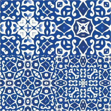 Portekiz azulejo 'sunda etnik seramik fayanslar. Vektör aralıksız desenler. Evrensel tasarım. Yüzey dokusu, havlu, yastık, duvar kağıdı, baskı, web arkaplanı için mavi klasik süsler.