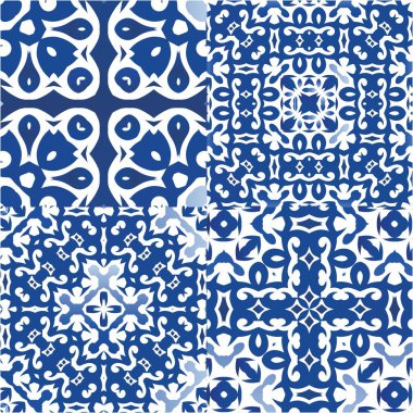 Portekiz yapımı Azulejo fayansları. Orijinal tasarım Bir dizi vektörsüz şablon. Yastıklar, baskılar, duvar kağıtları, ağ arkaplanı, havlular, yüzey dokusu için mavi antika arkaplan.