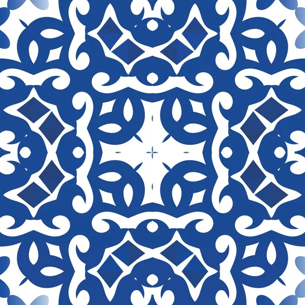 Keramické Dlaždice Azulejo Ručně Kreslený Design Šablona Vektorového Vzorce Modré — Stockový vektor