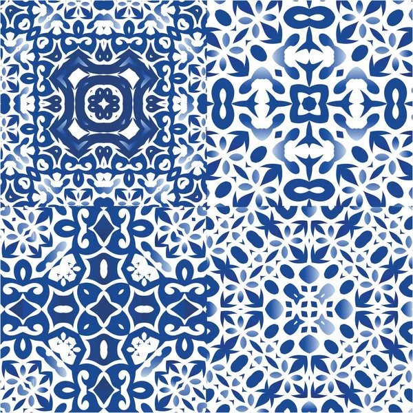 Portekizce süslemeli azulejo seramik. Mutfak tasarımı. Bir dizi vektörsüz şablon. Duvar kağıdı, web arkaplanı, havlular, baskı, yüzey dokusu, yastıklar için mavi vintage arkaplan.
