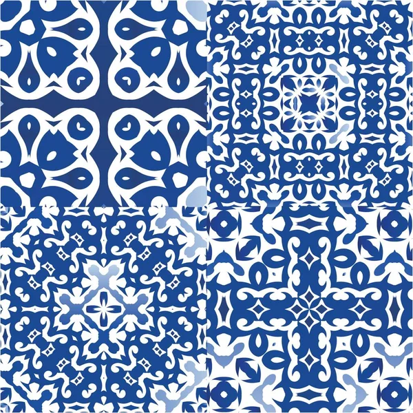 Portekiz yapımı Azulejo fayansları. Orijinal tasarım Bir dizi vektörsüz şablon. Yastıklar, baskılar, duvar kağıtları, ağ arkaplanı, havlular, yüzey dokusu için mavi antika arkaplan.