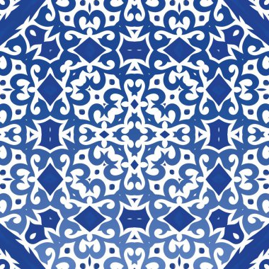 Antika Portekiz azulejo seramiği. Orijinal tasarım Kusursuz bir arabesk deseni. Koleksiyon defteri, akıllı telefon kılıfları, tişörtler, çantalar ve çarşaflar için mavi ve soyut bir dekor.