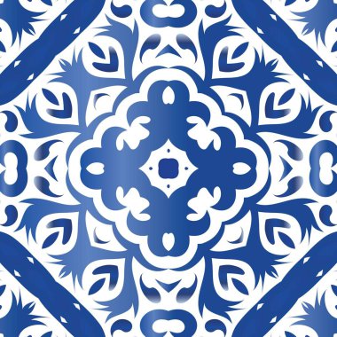 Dekoratif renk seramik azulejo fayansları. Vektörsüz suluboya desenli. Modern tasarım. Mavi halk baskısı, web arkaplanı, yüzey dokusu, havlular, yastıklar, duvar kağıdı.