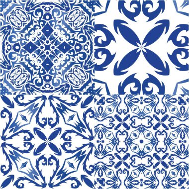 Dekoratif renk seramik azulejo fayansları. Yaratıcı tasarım. Vektörsüz desenlerin toplanması. Baskı, web arkaplanı, yüzey dokusu, havlu, yastık, duvar kağıdı için mavi folklor süslemeleri.