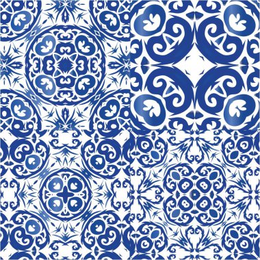 Seramik fayanslar azulejo portugal. Minimum tasarım. Bir dizi vektörsüz şablon. Tişört, hatıra defteri, çarşaf, akıllı telefon çantaları veya çantalar için mavi etnik altyapı.