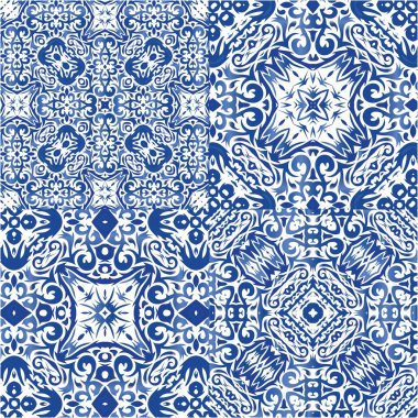 Antika Portekiz azulejo seramiği. Grafik tasarımı. Bir dizi vektörsüz şablon. Koleksiyon defteri, akıllı telefon kılıfları, tişörtler, çantalar ve çarşaflar için mavi ve soyut bir dekor.