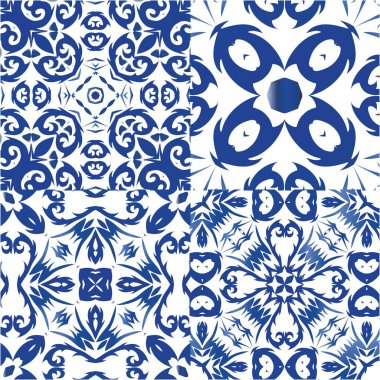 Seramik fayanslar azulejo portugal. Renkli tasarım. Bir dizi vektörsüz şablon. Tişört, hatıra defteri, çarşaf, akıllı telefon çantaları veya çantalar için mavi etnik altyapı.