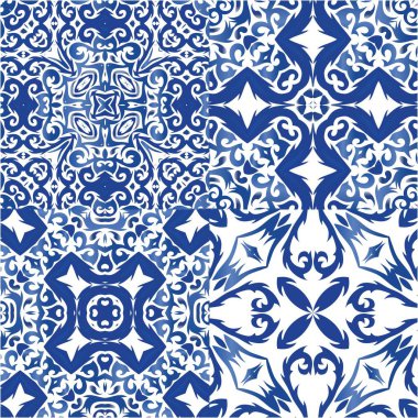 Portekiz azulejo 'sunda etnik seramik fayanslar. Vektör aralıksız desenler. Renkli tasarım. Yüzey dokusu, havlu, yastık, duvar kağıdı, baskı, web arkaplanı için mavi klasik süsler.