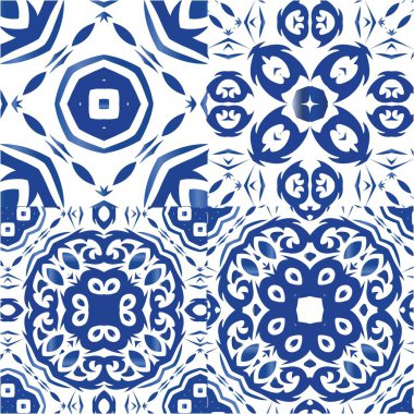 Portekiz azulejo 'sunda etnik seramik fayanslar. Banyo tasarımı. Vektörsüz desenlerin toplanması. Yüzey dokusu, havlu, yastık, duvar kağıdı, baskı, web arkaplanı için mavi klasik süsler.