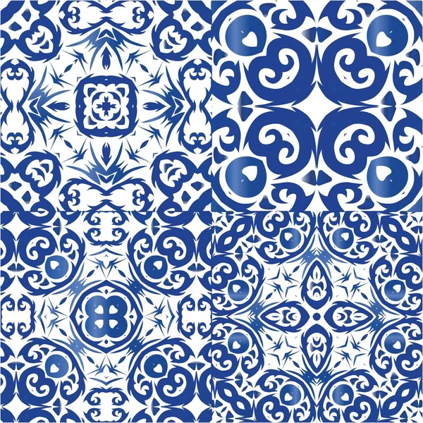 Portugiesische Azulejo Fliesen Originelles Design Sammlung Vektornahtloser Muster Blaue Antike — Stockvektor