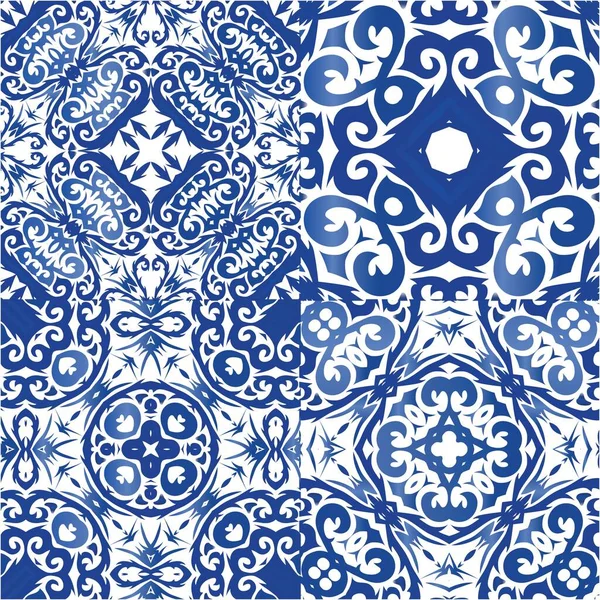 Tradycyjne Zdobią Portugalskie Azulejo Zestaw Wzorów Bez Szwu Wektora Kolorowy — Wektor stockowy