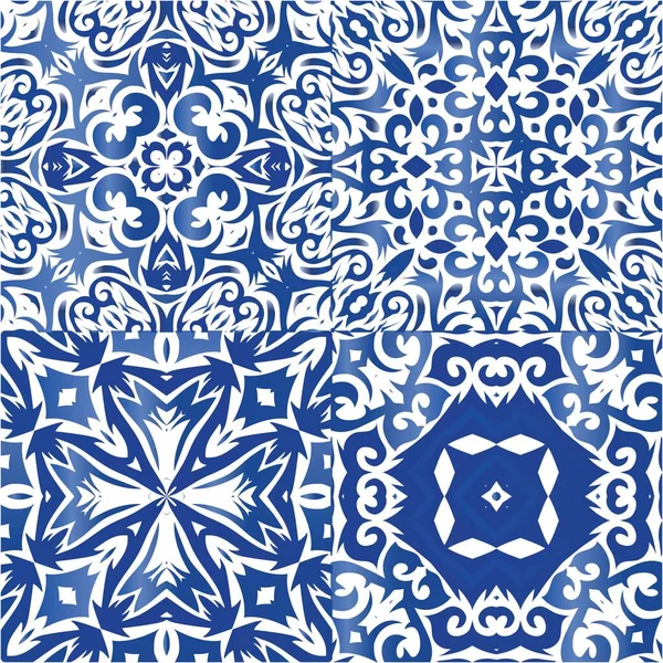 Antique Portuguese Azulejo Ceramic Set Vector Seamless Patterns Modern Design — Stock Vector