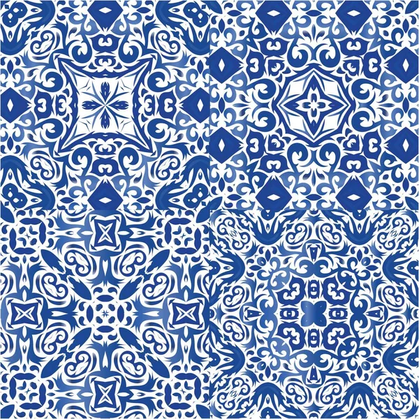 Ethnische Keramikfliesen Portugiesischem Azulejo Küchendesign Sammlung Vektornahtloser Muster Blaue Vintage — Stockvektor