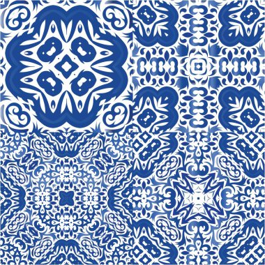 Dekoratif renk seramik azulejo fayansları. Bir dizi vektörsüz şablon. Geometrik tasarım. Baskı, web arkaplanı, yüzey dokusu, havlu, yastık, duvar kağıdı için mavi folklor süslemeleri.