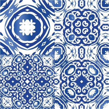 Portekizce süslemeli azulejo seramik. Vektörsüz desenlerin toplanması. Modern tasarım. Duvar kağıdı, web arkaplanı, havlular, baskı, yüzey dokusu, yastıklar için mavi vintage arkaplan.