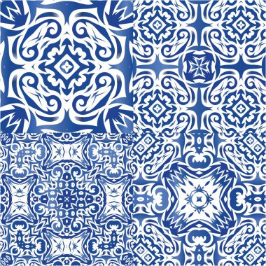 Geleneksel Portekizli azulejolar. Vektörsüz desenlerin toplanması. El yapımı tasarım. Ağ arkaplanı, baskı, yastıklar, yüzey dokusu, duvar kağıdı, havlular için mavi soyut arkaplan.