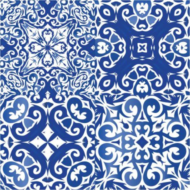 Süslü Azulejo Portekiz fayansları. Bir dizi vektörsüz şablon. Banyo tasarımı. Çarşaflar, akıllı telefon kılıfları, hatıra defterleri, çantalar ya da tişörtler için mavi muhteşem halk resimleri..