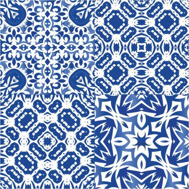 Süslü Azulejo Portekiz fayansları. Geometrik tasarım. Vektörsüz desenlerin toplanması. Çarşaflar, akıllı telefon kılıfları, hatıra defterleri, çantalar ya da tişörtler için mavi muhteşem halk resimleri..