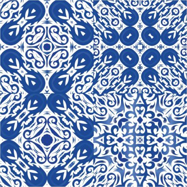 Antika Portekiz azulejo seramiği. Bir dizi vektörsüz şablon. Modern tasarım. Koleksiyon defteri, akıllı telefon kılıfları, tişörtler, çantalar ve çarşaflar için mavi ve soyut bir dekor.