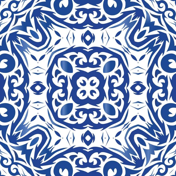 Этническая Керамическая Плитка Португалии Векторная Бесшовная Рамка Модный Дизайн Синий — стоковый вектор