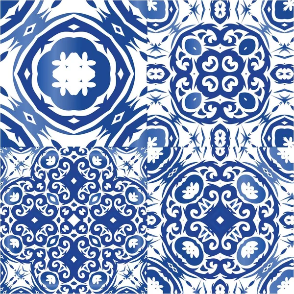 Portugalska Ozdobna Ceramika Azulejo Zbiór Bezszwowych Wzorów Wektorowych Nowoczesny Design — Wektor stockowy
