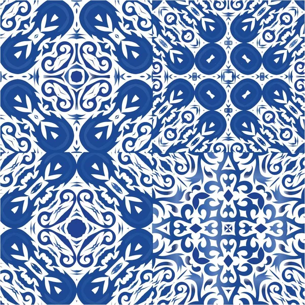 Antique Portuguese Azulejo Ceramic Set Vector Seamless Patterns Modern Design — Stock Vector