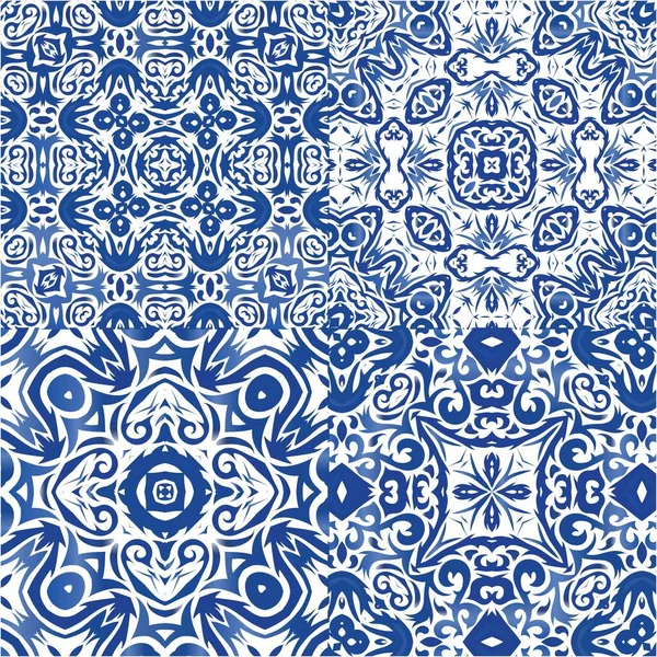 Antique Portuguese Azulejo Ceramic Set Vector Seamless Patterns Original Design — Stock Vector