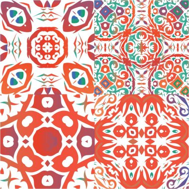 Dekoratif renk talavera fayansları. Bir dizi vektörsüz şablon. Orijinal tasarım Baskı, web arkaplanı, yüzey dokusu, havlu, yastık, duvar kağıdı için kırmızı halk etnik süslemeleri.