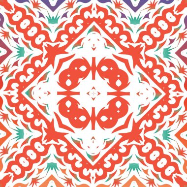 Antik süslü fayanslar Talavera Mexico. Yaratıcı tasarım. Vektörsüz desenli el ilanı. Tişört, hatıra defteri, çarşaf, akıllı telefon çantaları veya çantalar için kırmızı etnik geçmiş.