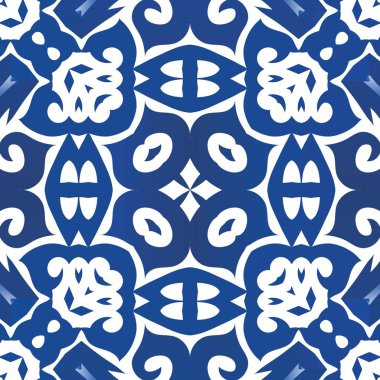 Portekiz azulejo 'sunda etnik seramik fayans. Vektör desensiz kolaj. Grafik tasarımı. Yüzey dokusu, havlu, yastık, duvar kağıdı, baskı, web arkaplanı için mavi vintage süs.
