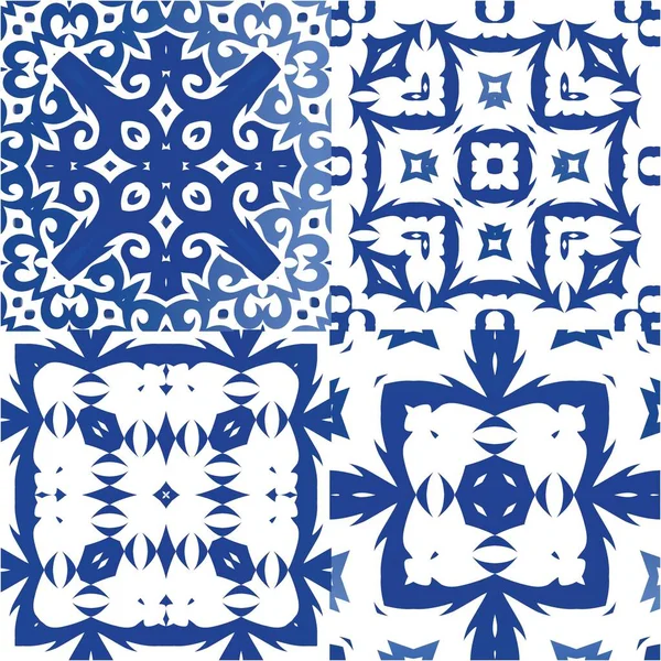 Azulejos Portugueses Vintage Azulejo Kit Patrones Sin Costura Vectorial Diseño — Vector de stock